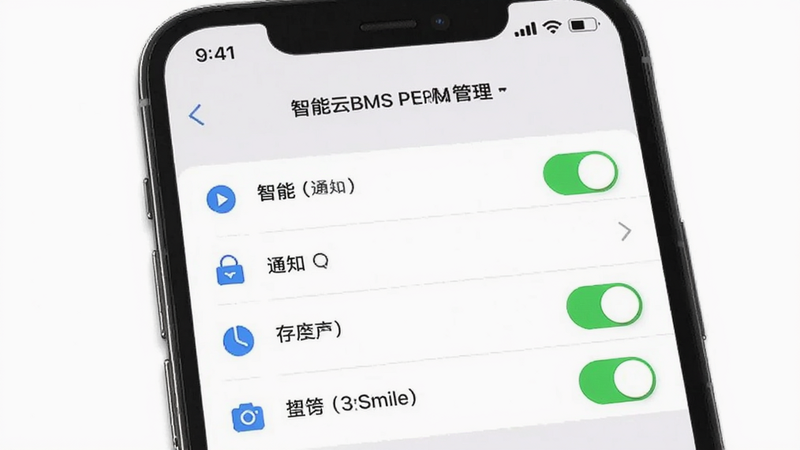主体为手机设置界面,显示智能云BMS权限管理页面,定位、通知、存储等权限开关均为开启状态,界面简洁,图标清晰,背景为白色,现代UI风格,高清,无多余元素