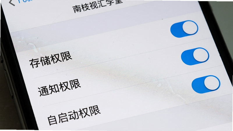 一张手机应用设置界面的特写图,主体为“南枝视汇学堂”的权限设置页面,背景为浅灰色,布局为列表式,显示“存储权限”、“通知权限”、“自启动权限”等选项,每个选项右侧有开关按钮,整体风格简洁明了,文字清晰,细节真实,画质高