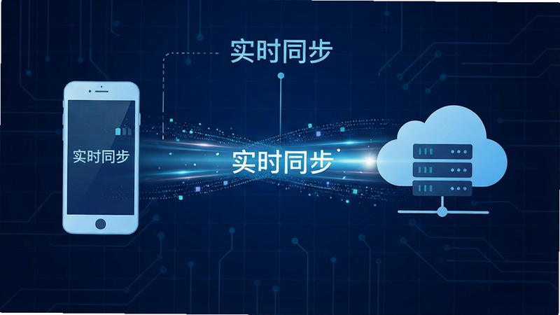 主体为数据同步示意图,布局左侧为手机图标,右侧为云端服务器图标,中间通过动态光束连接,背景为深蓝色科技网格,排版对称平衡,风格现代极简,细节包含流动的数据粒子效果,画质锐利,干净无杂乱背景,文字标注“实时同步”