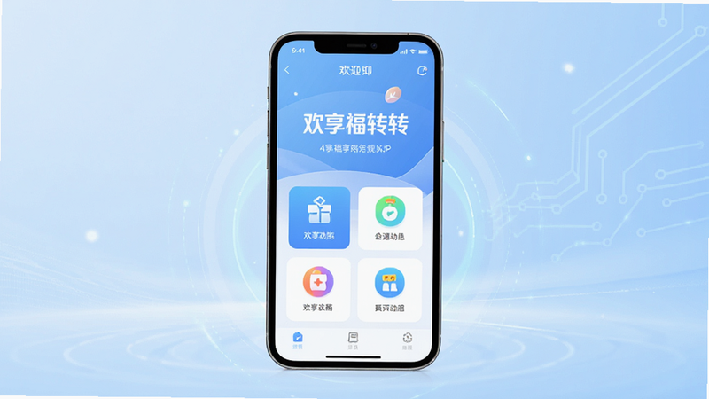 主体为‘欢享福运转’APP界面预览图,布局居中显示手机模型,屏幕内展示简洁的欢迎页面与核心功能图标,背景为淡蓝色渐变科技风,排版整洁清晰,细节处体现现代UI设计美感,画质高清4k,干净无多余元素,文字内容为“欢享福运转”
