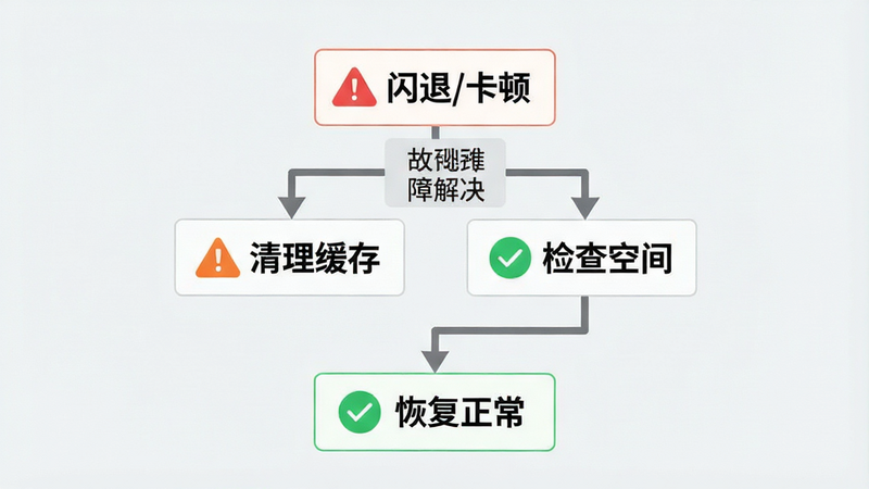 主体为手机端故障排查流程图,布局呈垂直阶梯状,顶部为“闪退/卡顿”问题标识,中部为“清理缓存”与“检查空间”解决方案,底部为“恢复正常”状态,背景为浅灰色极简风,排版逻辑清晰,细节包含警示图标与对勾图标,画质清晰,干净无干扰元素,文字标注“故障解决”