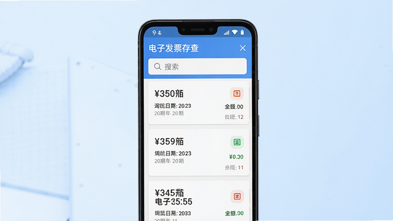 主体为一部安卓手机,屏幕显示“电子发票存查”应用界面,界面简洁,顶部有搜索栏,下方为发票列表,每张发票卡片清晰显示金额、日期和类型图标,背景为淡蓝色渐变,布局整齐,排版清晰,风格现代商务,细节丰富,画质高清,干净无多余元素