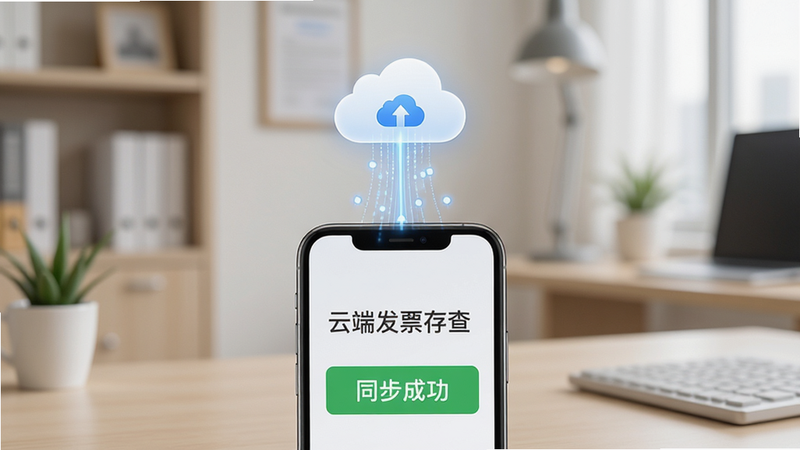 展示“电子发票存查”的云端同步界面,手机上方有云朵图标,数据流从手机上传至云端,下方显示“同步成功”提示,背景为柔和的办公室场景,风格简约,细节精致,画质清晰,干净无杂乱元素
