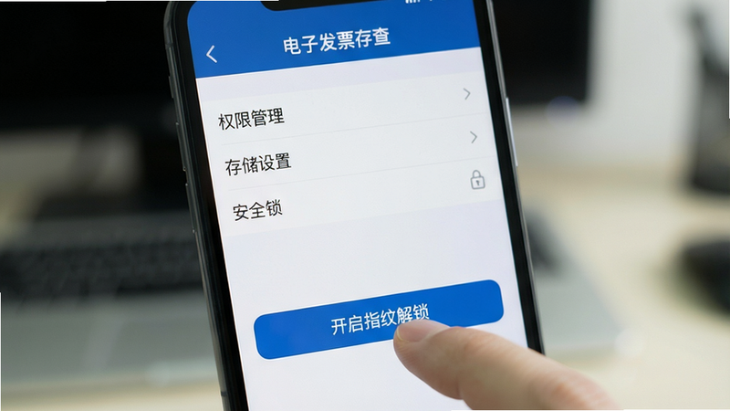 手机屏幕显示“电子发票存查”的设置界面,包含“权限管理”、“存储设置”、“安全锁”等选项,手指点击“开启指纹解锁”按钮,背景模糊,风格实用主义,细节清晰,画质高清,干净无多余元素