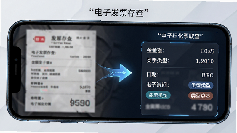 手机屏幕展示“电子发票存查”的自动识别功能,左侧为模糊的发票原图,右侧为结构化数据提取结果,包括金额、日期、类型标签,中间有箭头连接,显示数据流向,风格科技感,细节清晰,画质高质量,干净简洁