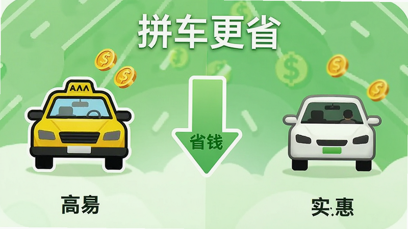 展示价格对比的图表,左侧为高昂的出租车图标,右侧为实惠的拼车图标,中间有向下箭头表示省钱,主体文字标注“拼车更省”,布局左右对比,风格清新绿色调,细节包含金币减少动画效果,高清,无杂色