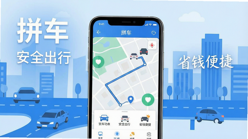一张展示“拼车”APP核心功能的宣传图,主体为手机屏幕,显示地图路线与拼车匹配界面,背景为简约的蓝色城市交通元素,排版清晰,文字包含“拼车”、“安全出行”、“省钱便捷”,风格现代扁平化,细节精致,高清无噪点,干净背景