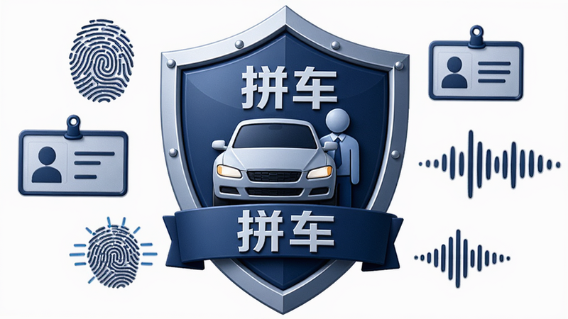 一个盾牌形状的图标保护着汽车和人物,周围环绕着指纹、身份证、录音波纹等安全元素,主体突出“拼车”安全概念,布局中心对称,风格稳重深蓝色,细节丰富,高清渲染,干净背景