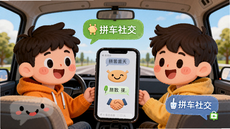 两个卡通人物在手机前愉快聊天,背景是行驶的汽车,气泡中显示对话内容,主体强调“拼车社交”,布局温馨,风格卡通插画,细节包含笑脸和握手图标,高清,色彩明亮