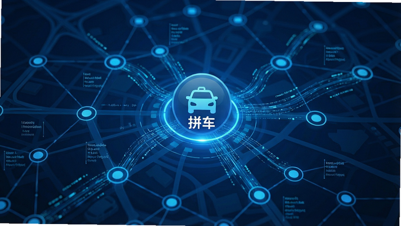展示智能路线匹配算法的示意图,主体为抽象的地图网络节点连接,中心高亮显示“拼车”匹配成功的图标,布局呈辐射状,风格科技感蓝色调,细节包含流动的数据线条,画质清晰,无多余装饰
