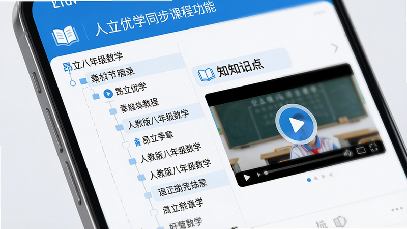 昂立优学学生同步课程功能特写,手机屏幕显示教材目录树状结构,左侧为章节列表,右侧为对应知识点的视频播放窗口,界面布局清晰,使用蓝白配色,图标为书本与播放按钮组合,文字标注“人教版八年级数学”,风格现代简约,细节精致,高分辨率,无水印