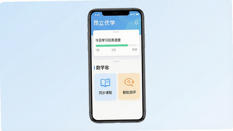 昂立优学学生安卓应用界面全景展示,主体为手机屏幕居中显示,背景为淡蓝色渐变,屏幕内部分为上下两栏,上栏显示今日学习任务进度条,下栏展示数学与英语两个核心模块卡片,卡片上有简洁的图标和文字标题“同步课程”与“智能测评”,整体风格扁平化设计,色调清新护眼,高清画质,无多余装饰元素,文字清晰可见,体现专业教育软件质感