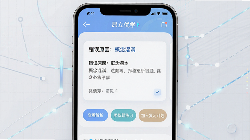 昂立优学学生智能错题本界面,手机屏幕中央显示一张错题卡片,上方标注“错误原因:概念混淆”,下方有三个选项按钮“查看解析”、“类似题练习”、“加入复习计划”,背景为浅灰色网格,风格科技感强,色彩柔和,细节清晰,高清晰度,无杂乱元素