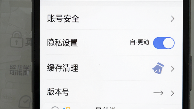 昂立优学学生设置界面截图,手机屏幕显示设置列表,包含“账号安全”、“隐私设置”、“缓存清理”、“版本号”等选项,背景为白色,文字黑色,重点选项“自动更新”旁有一个蓝色开关,风格简洁现代,高清细节,无杂乱图标,清晰展示软件配置能力