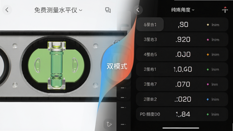 分屏对比图,左侧显示“免费测量水平仪”的气泡可视化界面,右侧显示纯数字角度列表界面,中间有平滑的过渡效果,体现“双模式”概念,UI风格统一,简洁现代,高清渲染,无杂乱元素