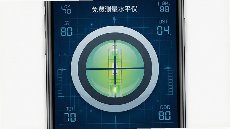 一张展示“免费测量水平仪”应用主界面的高清UI设计图,主体为手机屏幕,屏幕中央显示一个巨大的气泡水平仪图标,气泡位于中心十字线处,背景为深蓝色科技感网格,四周有简洁的数字读数显示,布局居中,排版清晰,扁平化设计风格,细节精致,4k高清,无多余元素
