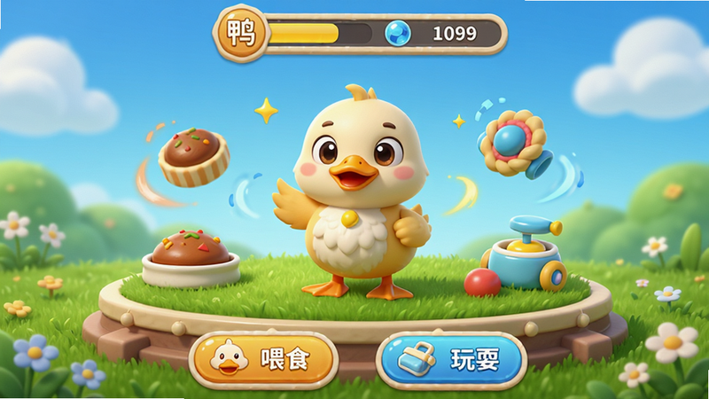 ����Ϊ��ѼѼ���ơ�Ѽ�����ɽ��棬����Ϊ������̨ʽ������һֻ�ɰ��Ŀ�ͨѼ��վ�ڲݵ��ϣ���Χ������ʳ���ߵȻ���Ԫ�أ�������ʾѼ�ӵȼ��뾭��ֵ���ײ�Ϊ������ť��ιʳ����ࡢ��ˣ�����Ű���ã����Ϊ3D��ͨ��Ⱦ��ϸ�ڴ��ж�̬Ч����ʾ�����ʾ��£�����Ϊ�����̵أ��޶�������