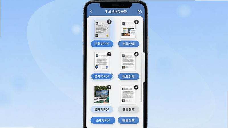 主体为“手机扫描仪全能”APP的批量处理界面,手机屏幕上显示着一个列表,列表中包含多个已扫描的文档缩略图,每个缩略图右上角有数字编号,底部有“合并为PDF”和“批量分享”按钮,背景为柔和的蓝色渐变,布局垂直列表式,排版清晰易读,风格为UI设计展示图,细节处体现列表滚动条与选中状态高亮,画质精细,界面元素对齐工整,无杂乱背景