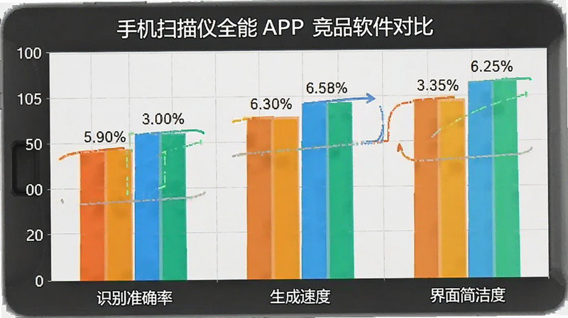 主体为“手机扫描仪全能”APP与竞品软件的对比柱状图,横轴为“识别准确率”、“生成速度”、“界面简洁度”,纵轴为得分,本软件在所有维度均处于领先地位,图表色彩鲜明,数据清晰,背景为浅灰色网格,布局标准统计图表风格,排版严谨,细节处标注具体百分比,画质高清,无多余装饰,客观直观