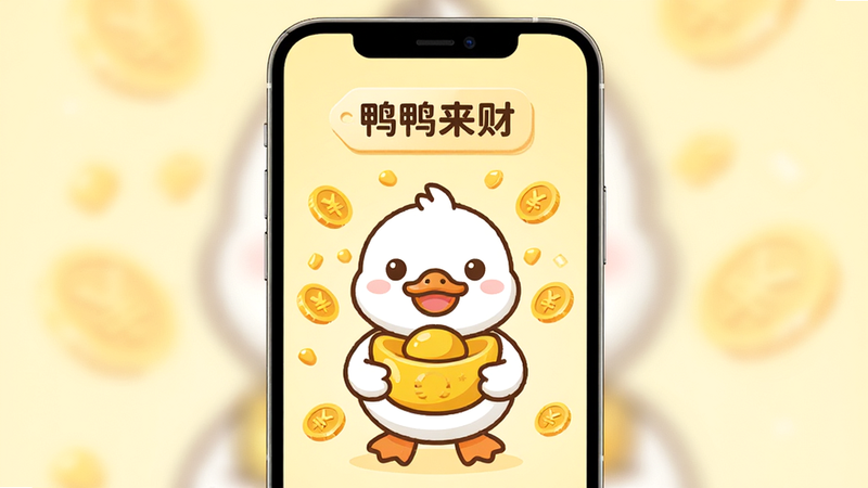 主体为一部竖屏智能手机,屏幕中心显示着可爱的卡通鸭子形象,周围环绕着金色硬币特效,背景为柔和的浅黄色渐变,布局居中对称,排版简洁现代,风格为扁平化卡通插画,细节处可见鸭子手持元宝,画质高清4K,干净无多余元素,文字标签“鸭鸭来财”位于顶部居中位置