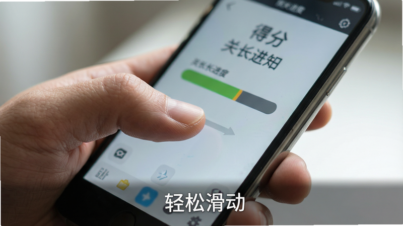 主体为一只手持智能手机的特写,手指正在屏幕上滑动,屏幕界面显示简单的关卡进度条和得分,背景虚化处理,突出手部动作与屏幕交互,布局聚焦于拇指操作区域,风格写实与UI界面结合,细节展现手指触感与屏幕光影,画质细腻,干净背景,无多余杂乱元素,文字提示“轻松滑动”位于画面下方