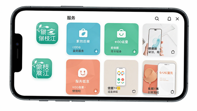 主体为手机界面展示,布局为竖屏全屏应用预览,排版清晰,风格为现代扁平化UI设计,细节包含“睐枝江”APP图标及首页服务网格,画质高清,干净无多余元素