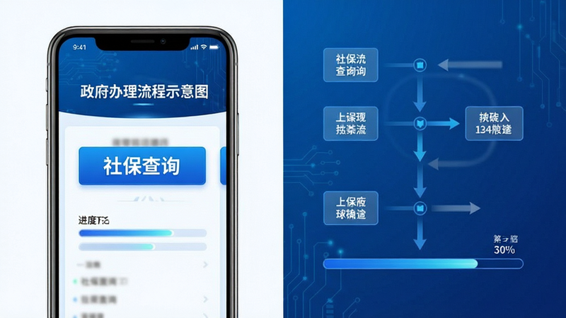 主体为政务办理流程示意图,布局为左侧手机屏幕右侧步骤图解,排版左右分栏,风格为科技蓝商务风,细节显示“社保查询”按钮及进度条,画质清晰,无背景杂音