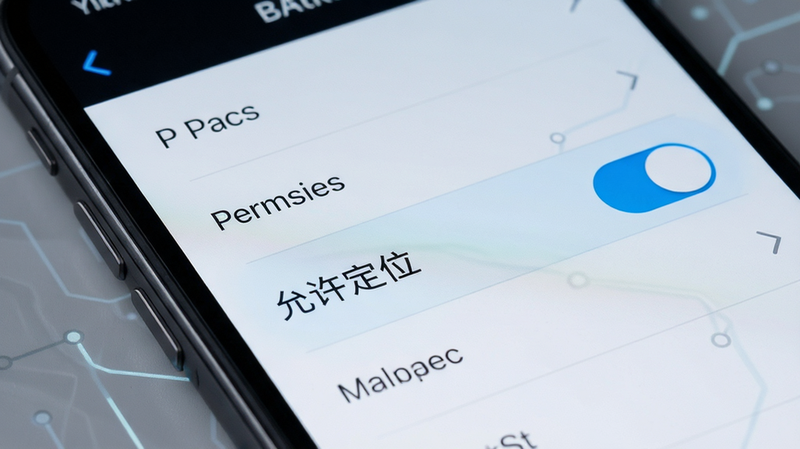 主体为手机设置界面,布局为列表式权限管理页面,排版上下结构,风格为极简科技风,细节高亮显示“允许定位”开关,画质清晰,无广告干扰