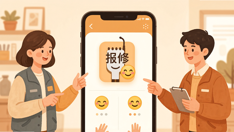 主体为社区服务场景,布局为中间手机界面两侧人物互动,排版中心聚焦,风格为温馨暖色调,细节包含“报修”图标及笑脸表情,画质细腻,元素简洁