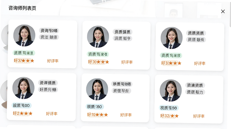 主体为咨询师列表页,布局为网格卡片排列,排版整齐,风格为专业信任感,细节包含咨询师头像、资质标签及好评率,画质高保真,干净,无多余元素
