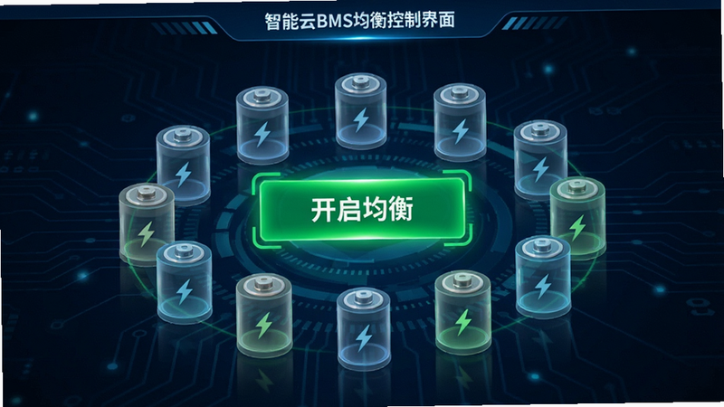 智能云BMS均衡控制界面,显示“开启均衡”按钮,绿色高亮,周围环绕电池电芯图标,表示电压平衡过程,科技感背景,干净利落