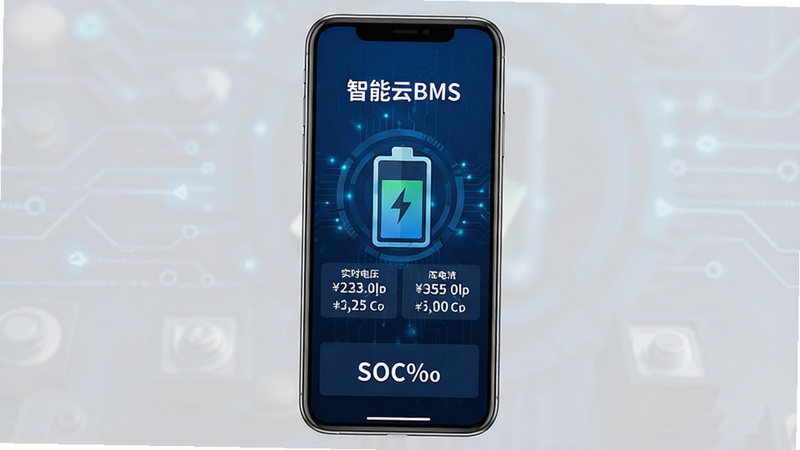 智能云BMS手机APP界面全屏展示,深蓝色科技背景,中央显示电池图标与实时电压电流数值,顶部有“智能云BMS”白色标题,底部显示SOC百分比,扁平化UI设计,高清,无多余元素