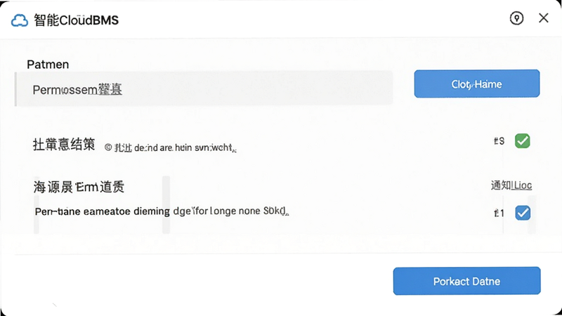 智能云BMS设置界面,显示权限管理选项,位置信息与通知权限勾选状态,界面简洁,白色背景,蓝色按钮,高清