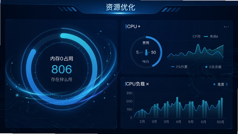 展示Veesky X资源监控仪表盘界面,主体为环形进度条与实时数据图表,布局左右分布,左侧显示内存占用,右侧显示CPU负载,排版紧凑有序,风格科技感蓝色调,细节包含动态流光效果,画质高清,干净,文字