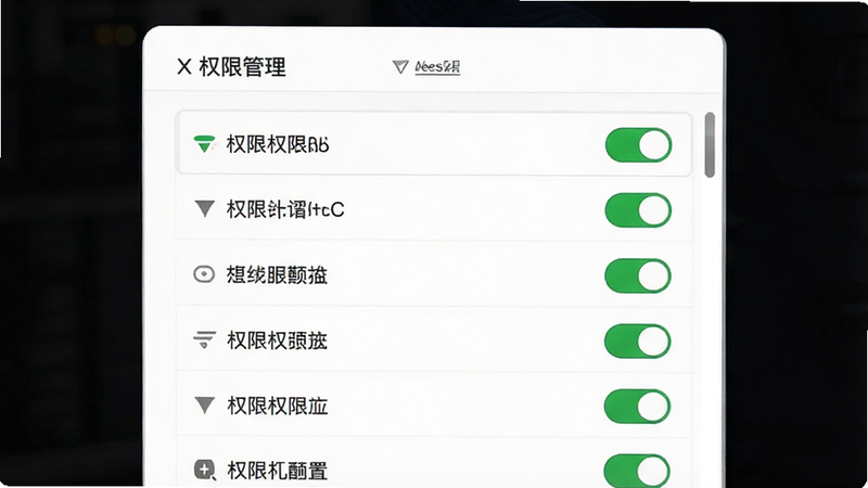 展示Veesky X权限设置界面,主体为权限开关列表,布局垂直排列,背景为白色,排版简洁,风格扁平化,细节包含绿色开启状态图标,画质高清,干净,文字