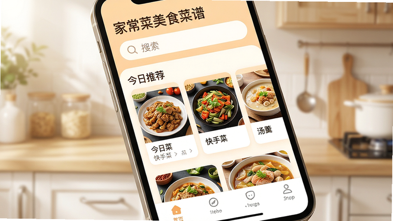����Ϊ�����ֻ���Ļ��д����Ļ��ʾ���ҳ�����ʳ���ס�APP��ҳ�����沼������������Ϊ���������в�Ϊ�������Ƽ����������ֲˡ������������ȷ��࿨Ƭ���ײ�Ϊ�����������Ϊ�ִ���ԼUI��ƣ�ɫ����ů��ɫ�͵���ɫΪ����Ӫ����ܰ������Χ��ϸ��չʾ�����Ʒ����ͼ�����������ɶ�������ϸ�壬�ɾ��޶���Ԫ�أ��߷ֱ��ʣ������ӰЧ����