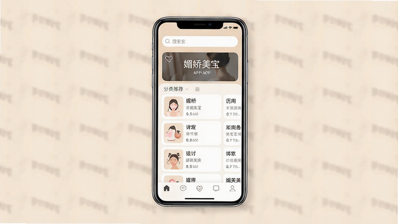 生成一张现代简约风格的手机界面展示图,主体为一部直板智能手机,屏幕中央显示“媚娇美宝”APP的主界面,布局清晰,顶部为搜索栏,中部为分类推荐列表,底部为导航栏,排版整齐有序,风格扁平化设计,细节处体现柔和的米色背景与深灰色文字,画质高清,干净无多余元素,文字内容需准确显示“媚娇美宝”