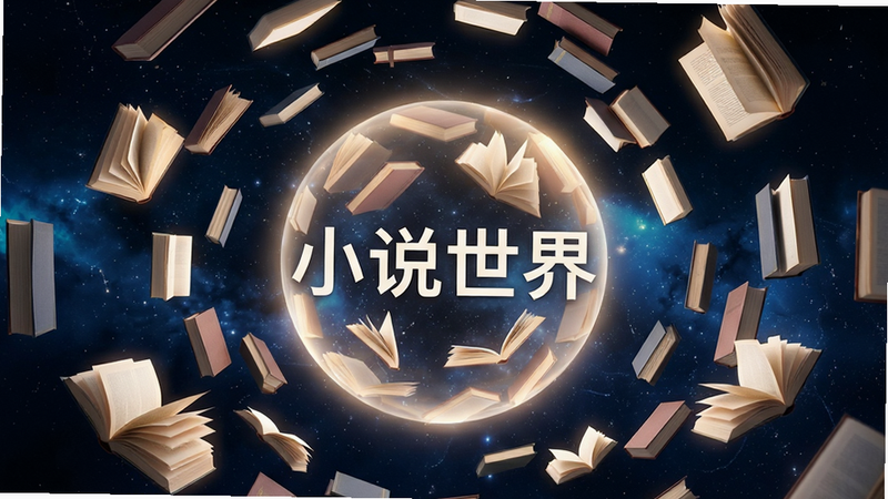 生成一张抽象概念图,主体为大量漂浮的书本元素汇聚成一个发光的球体,背景为深邃的星空,布局呈现向心聚合态势,排版具有动态美感,风格为科技感与文学性结合,细节处书页微翻,散发柔和光芒,画质细腻,干净无杂物,文字内容需包含“小说世界”