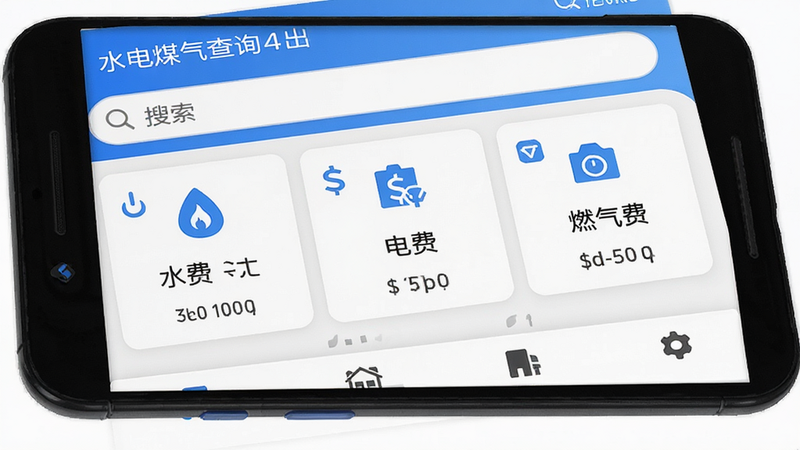 主体为安卓手机界面,展示“水电煤气查询”App首页,布局清晰,顶部有搜索栏,中部显示水费、电费、燃气费三个核心模块卡片,底部为功能菜单,排版整齐,风格为现代扁平化UI设计,细节处有蓝色主色调图标,文字清晰可见,画质高清,干净无多余元素
