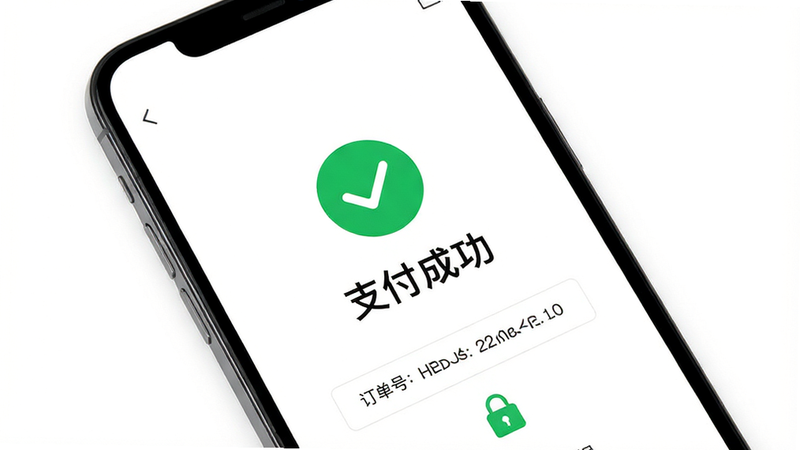 手机界面显示支付成功页面,主体为绿色的对勾图标和“支付成功”文字,布局居中,排版大气,风格为清新极简,细节处有订单号和安全锁图标,文字清晰,画质高,背景纯白干净