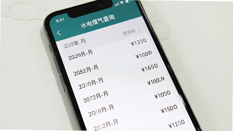 手机屏幕显示“水电煤气查询”的历史账单列表页,主体为交易记录列表,布局为垂直滚动列表,排版整齐,风格为简洁列表式UI,细节处有日期和金额列对齐,文字清晰,画质高,背景干净