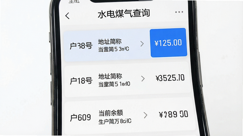 手机屏幕显示“水电煤气查询”的多户号管理列表页,布局为垂直列表,每个条目包含户号、地址简称和当前余额,排版紧凑有序,风格简洁商务,细节处有蓝色选中状态高亮,文字清晰,画质高,干净背景