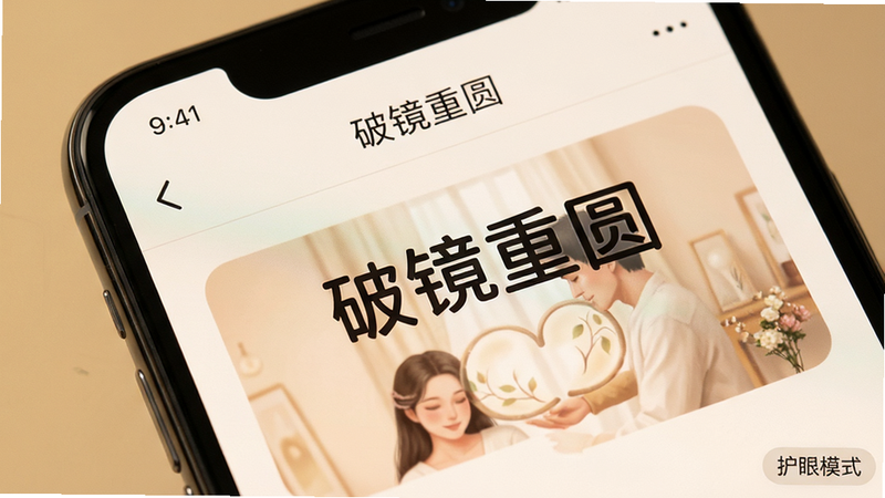 主体为手机屏幕特写,展示“破镜重圆”阅读界面,背景为暖米色,布局清晰,文字排版疏密有致,风格温馨舒适,细节显示字体边缘平滑,画质细腻,干净,无多余元素,文字“护眼模式”以小字标注在角落