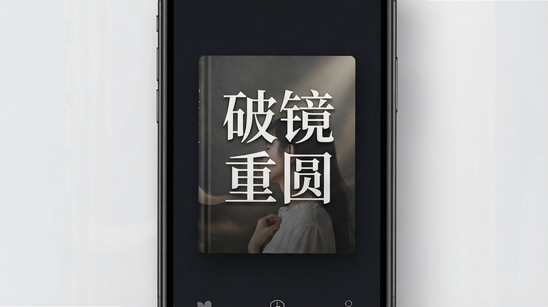 主体为智能手机界面展示,屏幕中央显示“破镜重圆”书籍封面,背景为深色调,布局简洁,排版整齐,风格现代简约,细节包含书页纹理与柔和光影,画质高清,干净,无多余元素,文字“破镜重圆”清晰可见