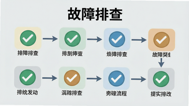 主体为手机故障排查流程图,背景为浅灰色,布局清晰,步骤图标排列整齐,风格扁平化,细节显示检查符号与箭头,画质清晰,干净,无多余元素,文字“故障排查”清晰