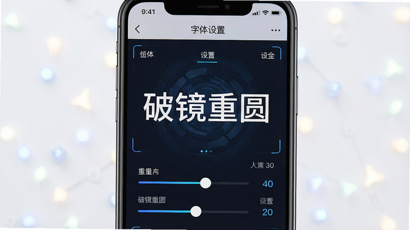 主体为手机界面,展示字体设置选项,屏幕中央突出“破镜重圆”几个大字,布局对称,排版严谨,风格科技感与人文感结合,细节显示滑块与数值,画质清晰,干净,无多余元素,文字“字体设置”清晰