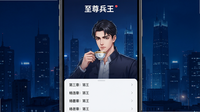 一张手机屏幕特写,显示“至尊兵王”APP主界面,背景为深蓝色都市夜景,中央展示杨浩手持茶杯的插画,底部有清晰的章节列表,UI简洁现代,高清4K,无多余水印,排版整齐,细节精致