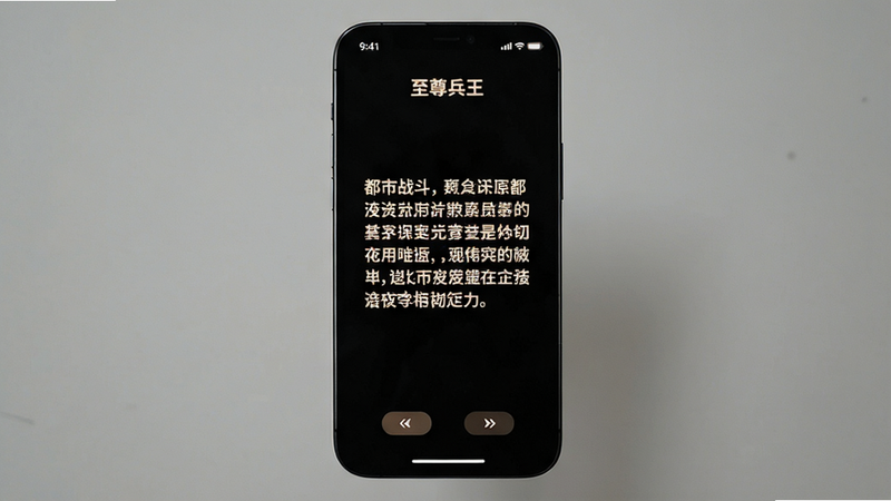 手机屏幕显示“至尊兵王”夜间阅读模式,背景为纯黑色,文字为柔和的暖白色,页面中央显示一段关于都市战斗的描述,顶部有电量图标,底部有翻页按钮,极简风格,高对比度,清晰锐利