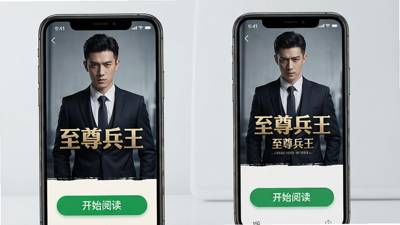 手机屏幕展示“至尊兵王”书籍详情页,封面图为杨浩身着西装,标题醒目,下方有“开始阅读”绿色按钮,背景简洁,高清,无水印,排版美观