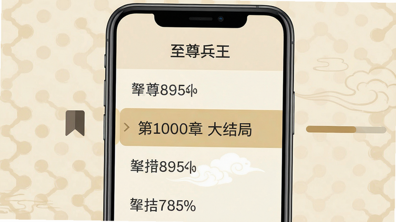 手机界面展示“至尊兵王”章节列表,高亮显示“第1000章 大结局”,背景为淡雅的米色,文字清晰可读,左侧有书签图标,右侧有进度条,扁平化设计风格,高清,干净无杂物